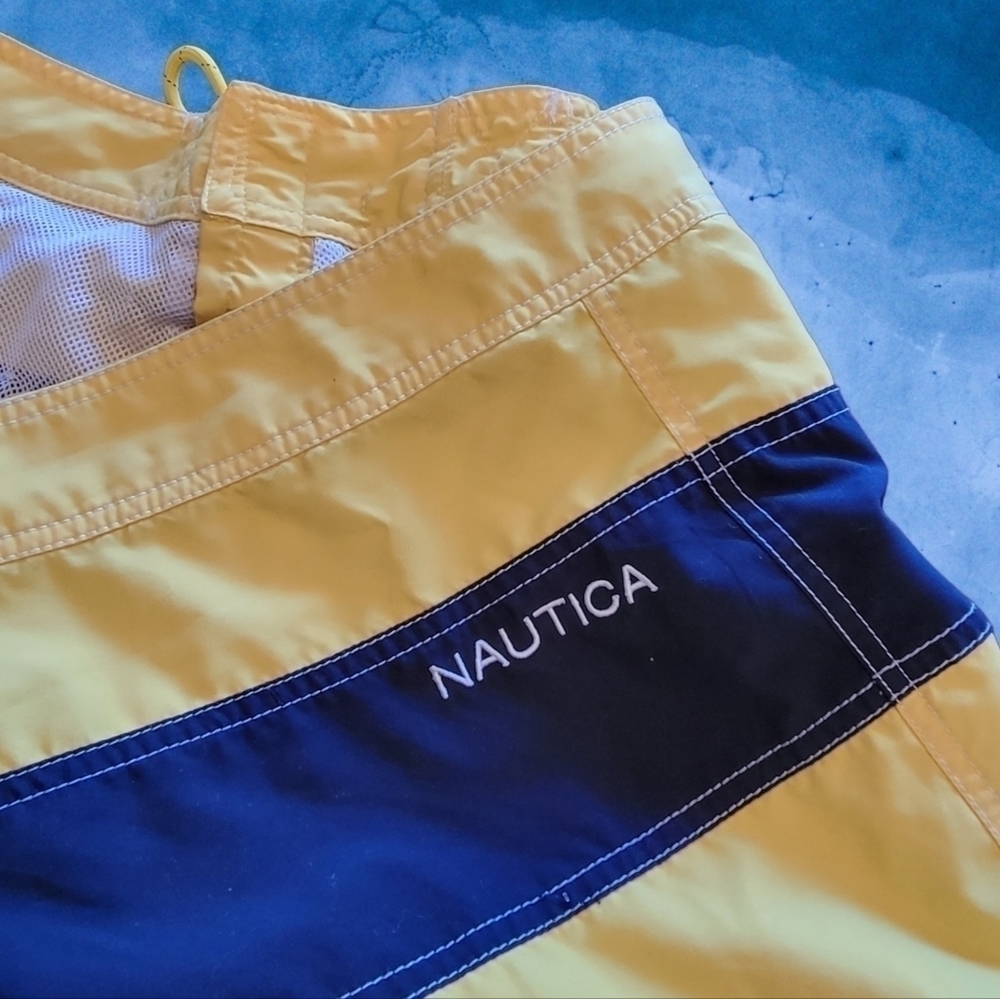NAUTICA 𝅺Board Shorts Mens 38 Blue Spellout Swim Trunks Mesh lined T51